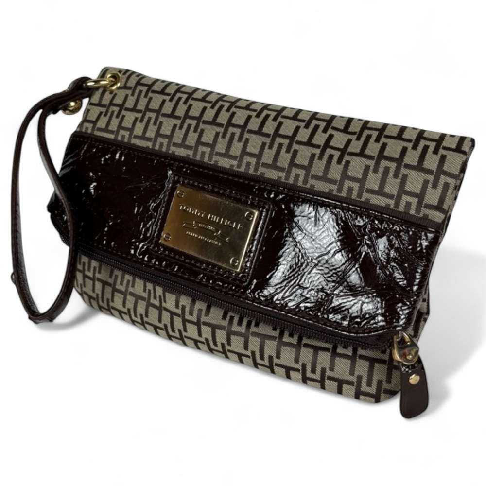 Tommy Hilfiger Clutch Tan Canvas and Brown TH Design w/ Patent Leather Trim‎